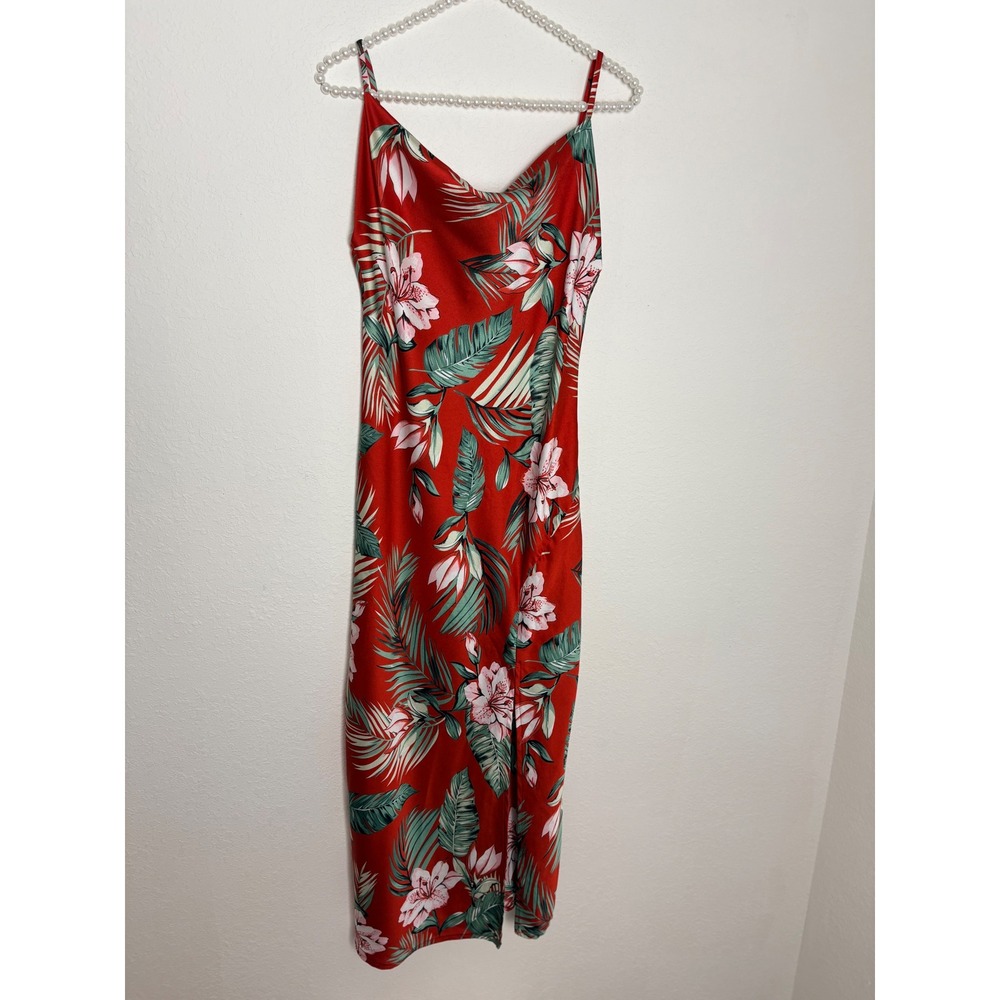 Paper Heart satin‎ Tropical Floral Midi slip Dress Small Red Excellent Cowl Neck
